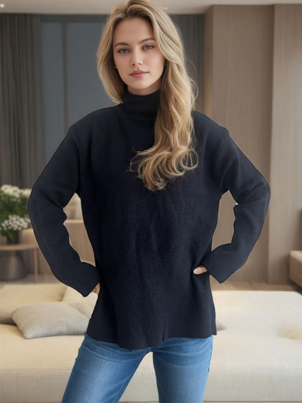 Side Slit Turtleneck Long Sleeve Sweater, image 12