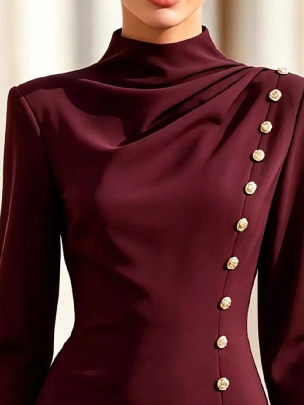 Mock Neck Long-Sleeve Bodycon Dress with Gold-Tone Button Detailing, image 9