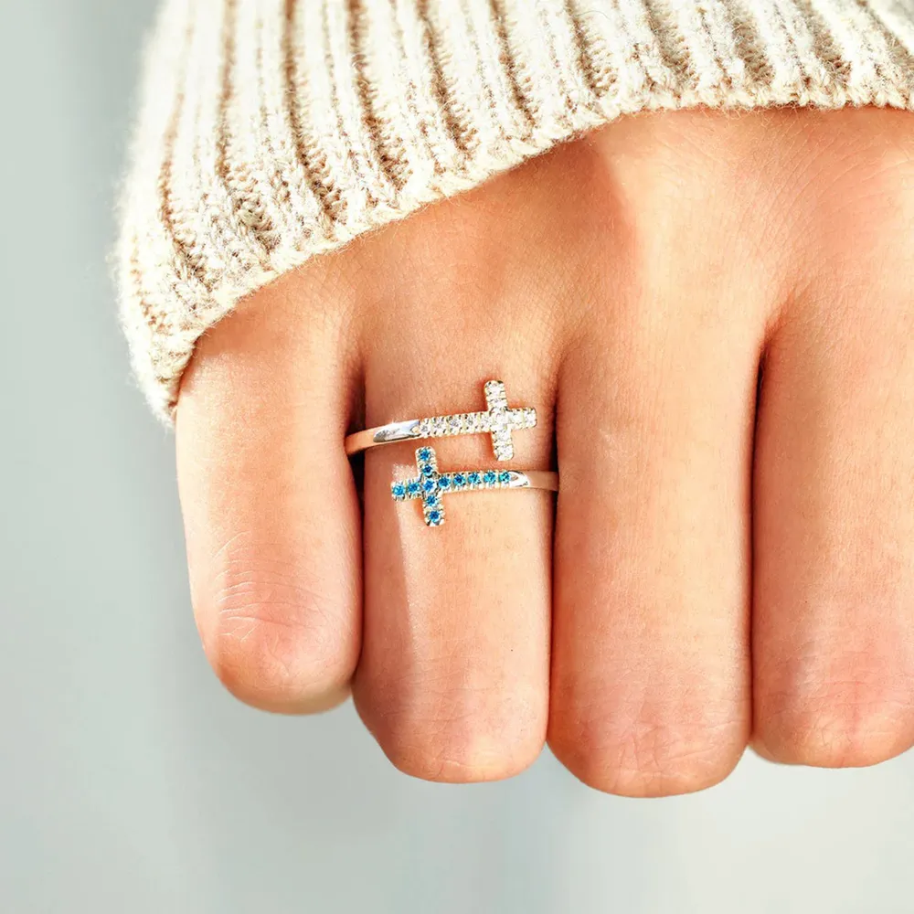 Zircon 925 Sterling Silver Double Cross Bypass Ring, image 2