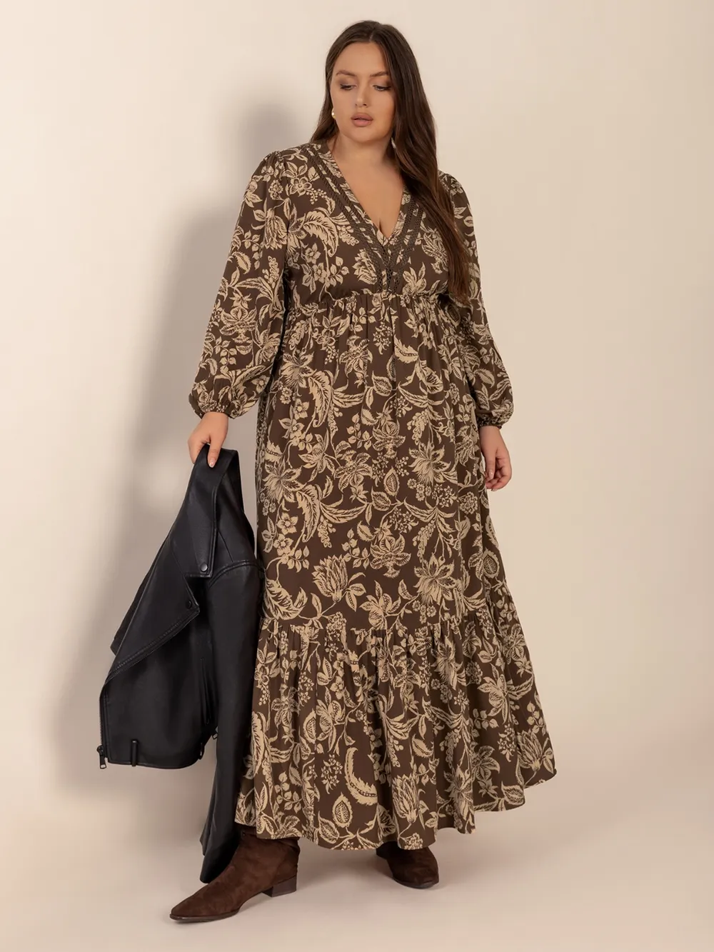 Plus Size Printed V-Neck Balloon Sleeve Maxi Dress, image 3