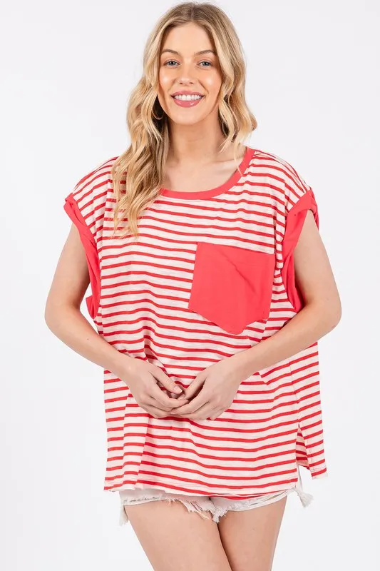 Ces Femme Side Slit Striped Cap Sleeve T-Shirt, image 5