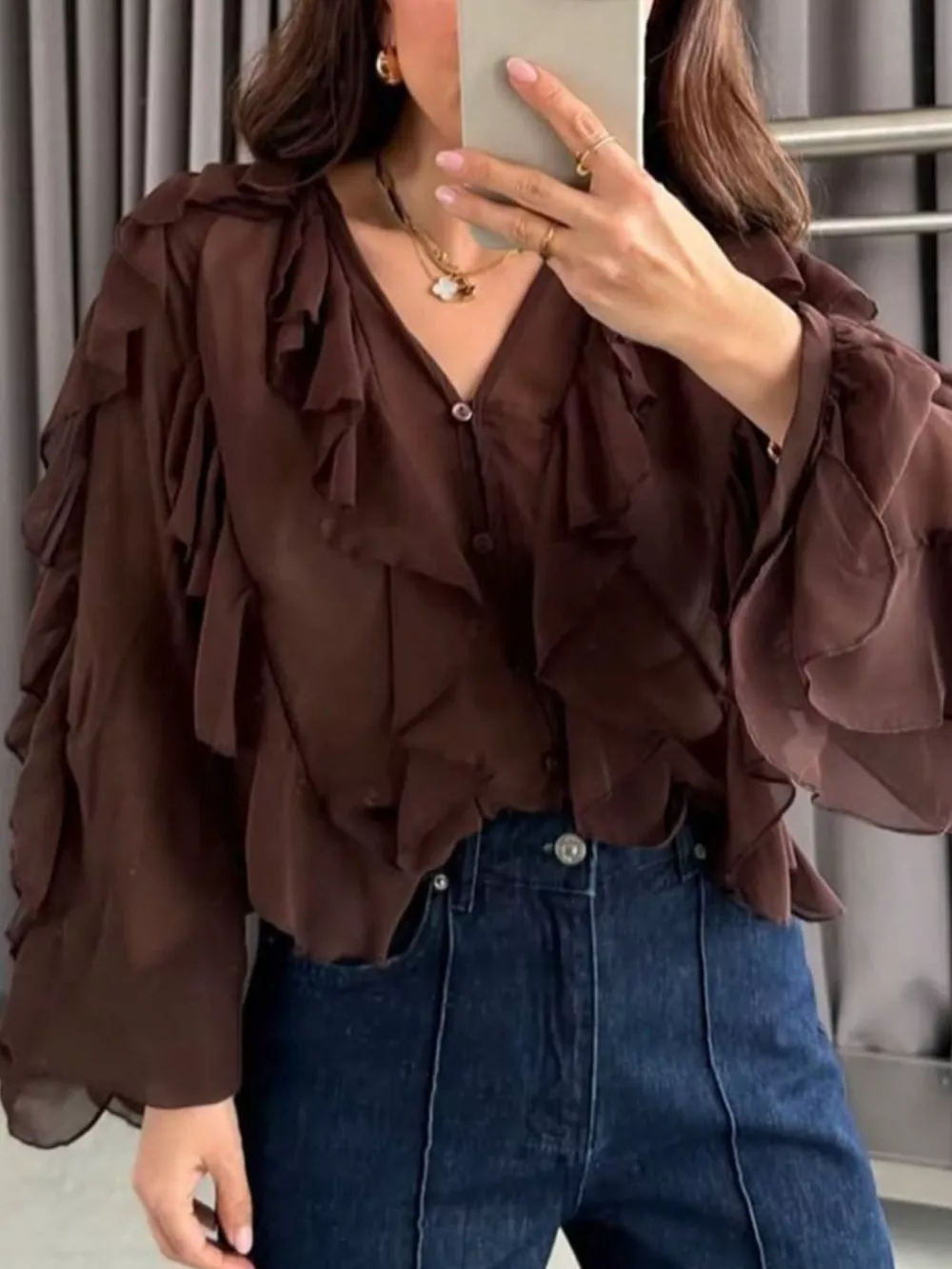 Ruffled Sheer Long Sleeve Blouse, image 13