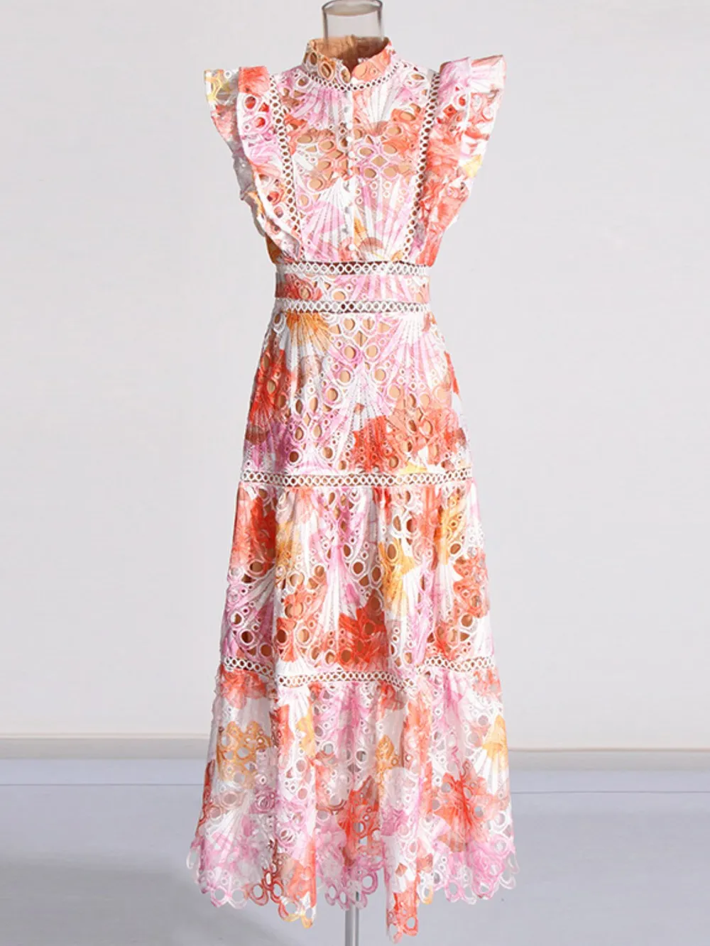 Ruffled Hollow Out Tiered Midi Dress