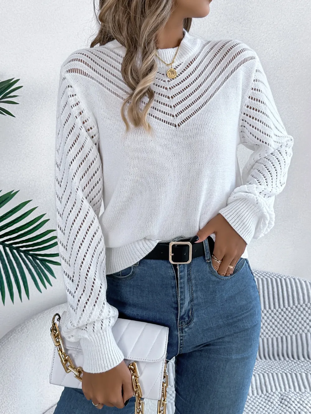 Openwork Round Neck Long Sleeve Knit Top, image 2