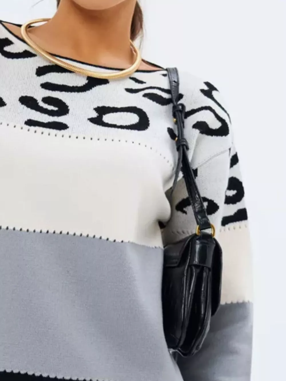 Full Size Leopard Color Block Long Sleeve Sweater Plus Size, image 7