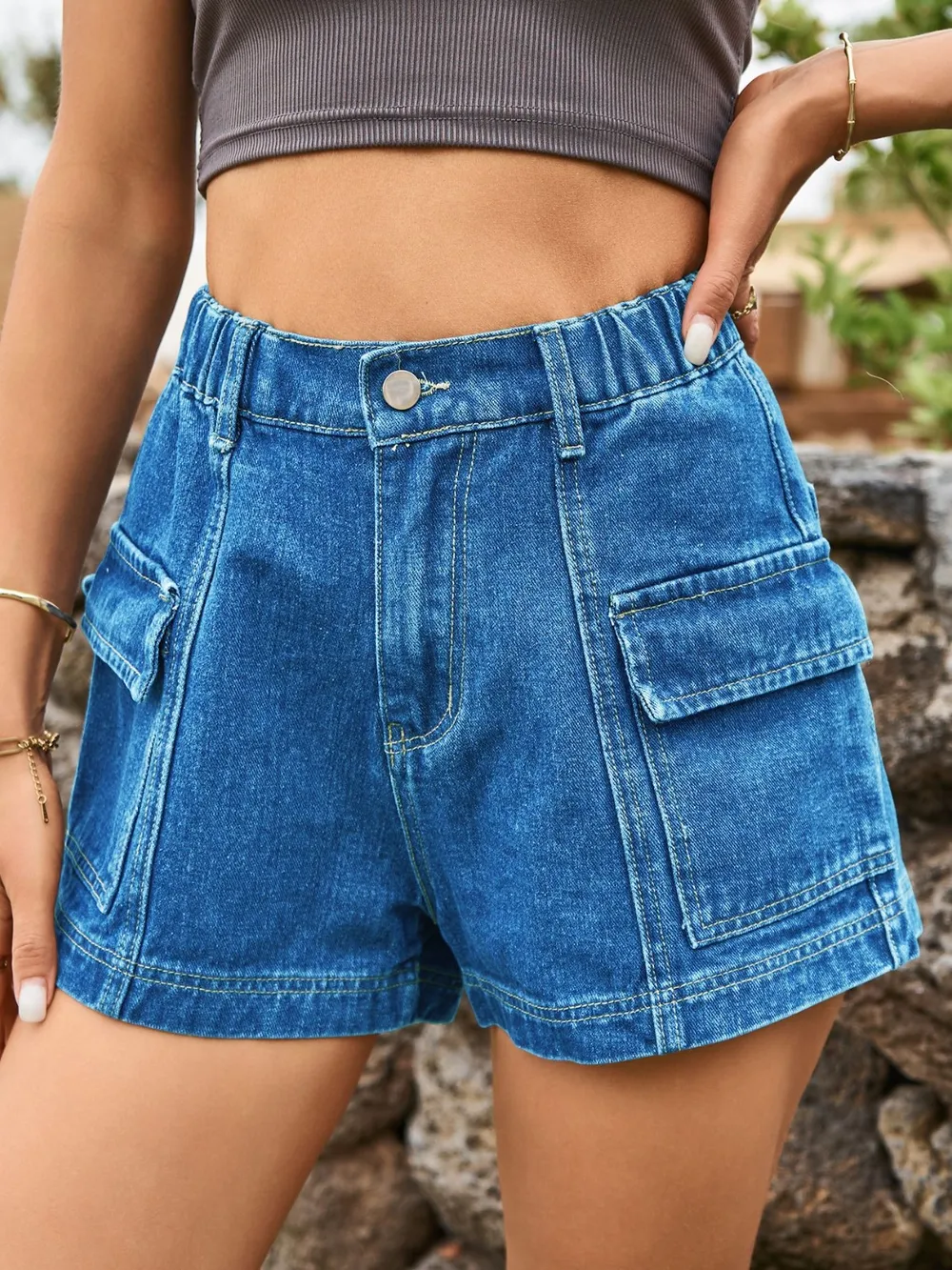 High Waist Denim Shorts with Pockets, image 12