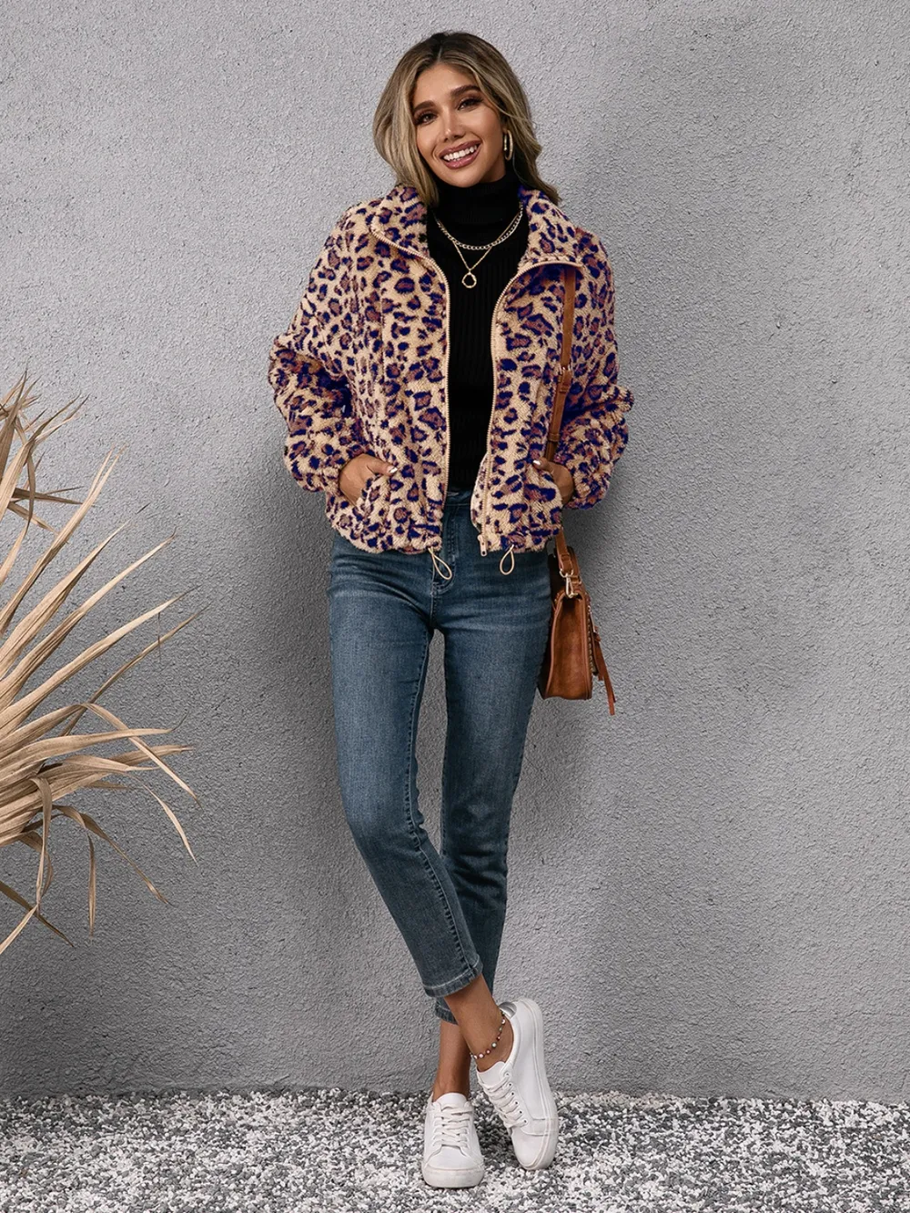 Drawstring Leopard Zip Up Jacket, image 5