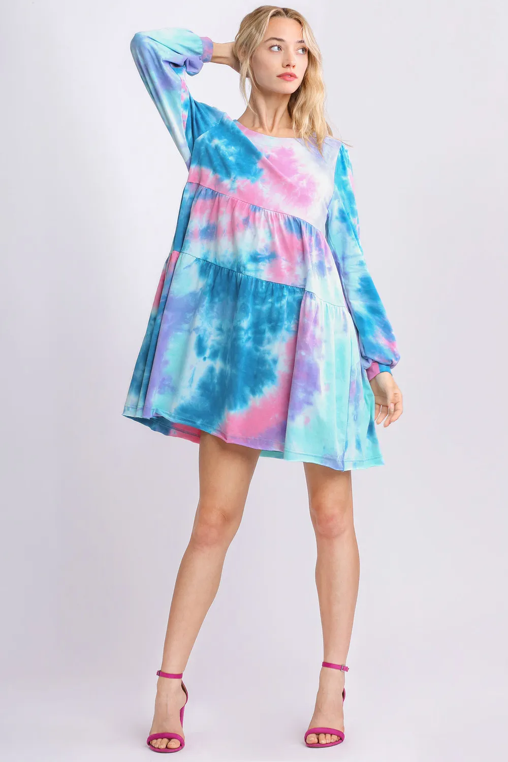 Full Size Tie Dye Round Neck Long Sleeve Babydoll Tiered Dress Plus Size, image 2