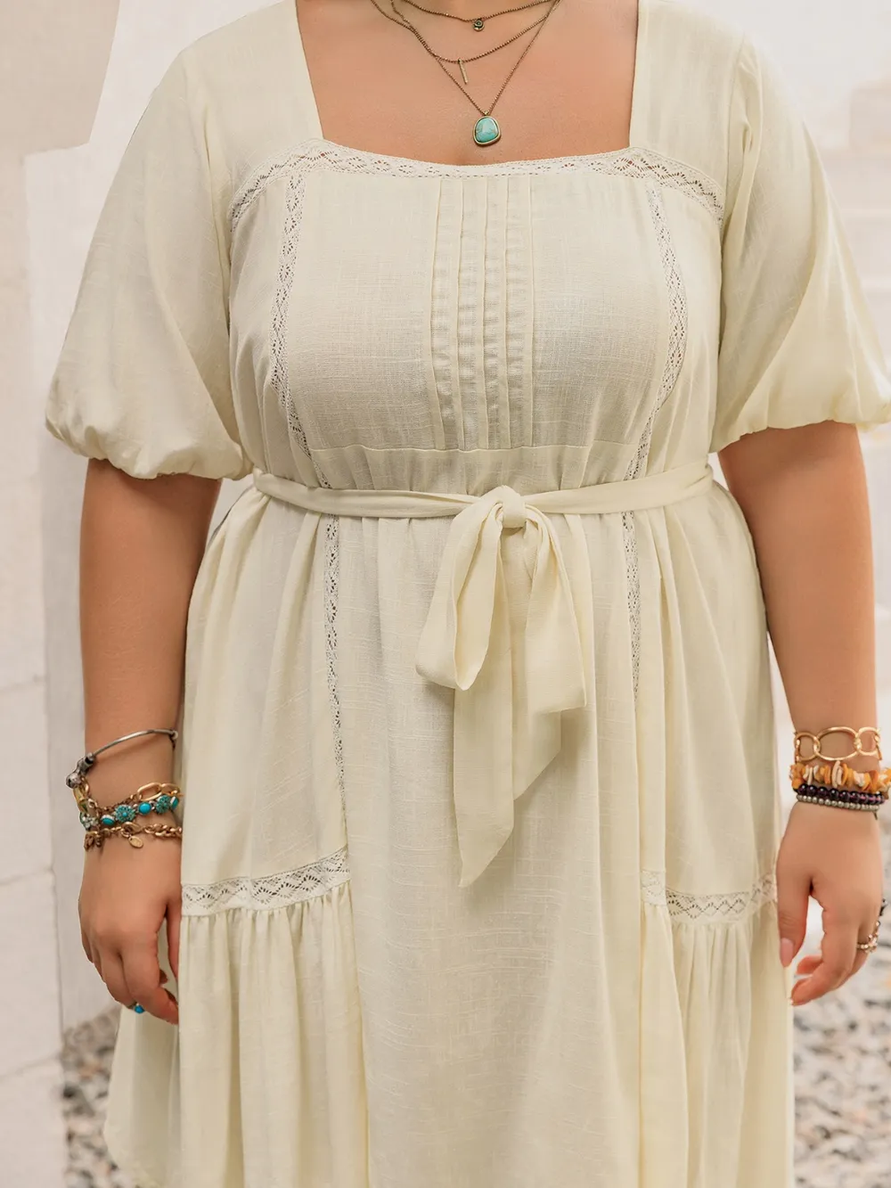 Plus Size Lace Detail Square Neck Puff Sleeve Mini Dress, image 5