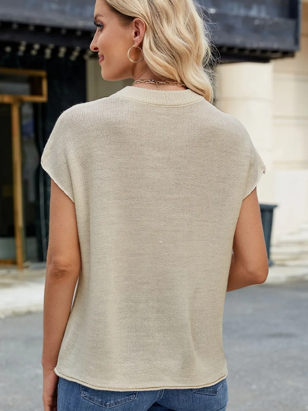 Exposed Seam Round Neck Short Sleeve Sweater, image 13