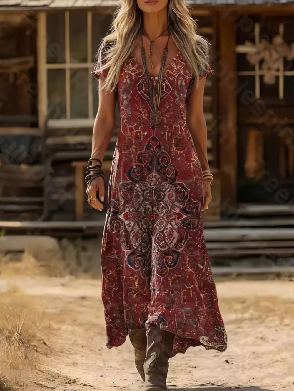 Printed V-Neck Short Sleeve Midi Dress