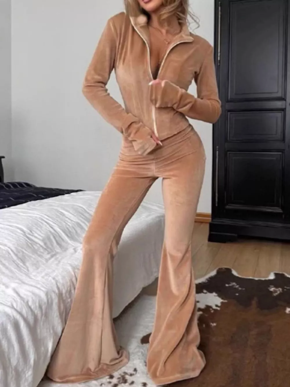 Zip-Up Crop Top and Flared Pants Two-Piece Set, image 23
