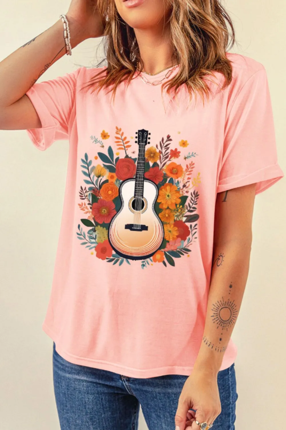 Guitar Flower Print Crew Neck Loose T Shirt, image 3