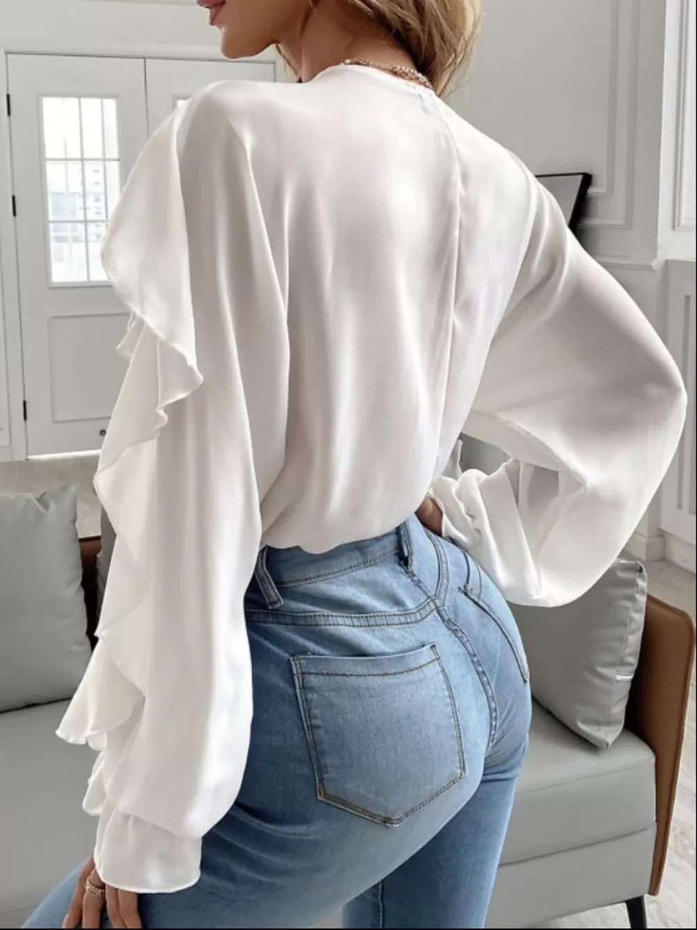 Full Size Ruffle Trim V-Neck Shirt Plus Size, image 3