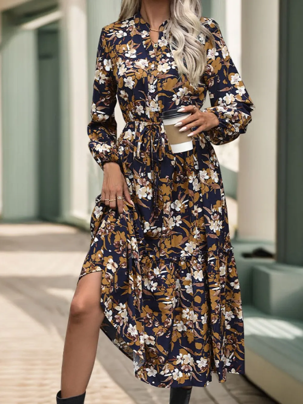 Printed Notched Long Sleeve Midi Dress, image 3