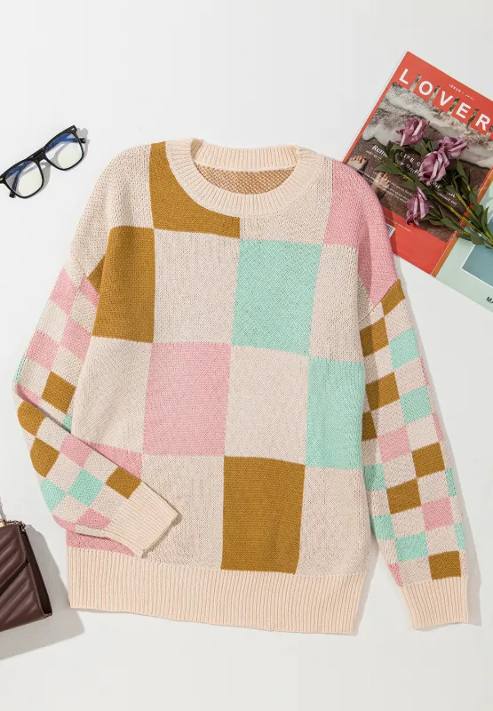 Checkered Round Neck Drop Shoulder Sweater, image 15