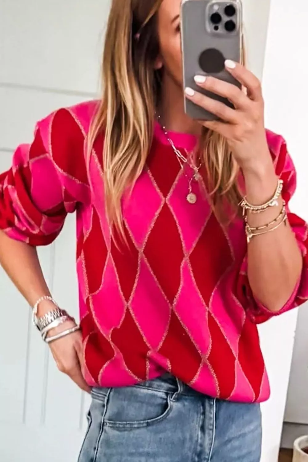 Argyle Pattern Long Sleeve Sweater, image 6