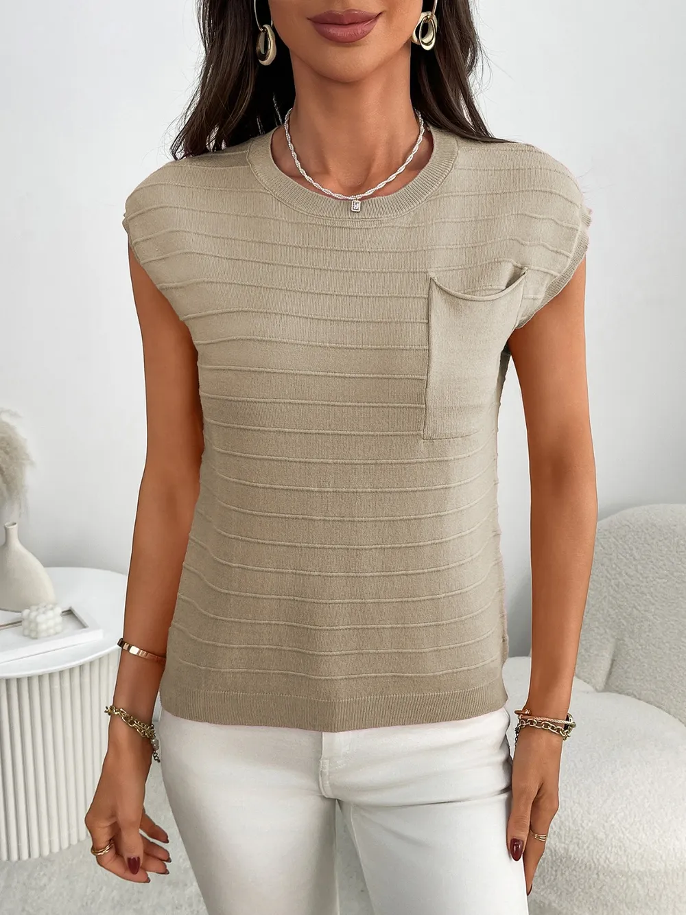 Round Neck Cap Sleeve Knit Top, image 12