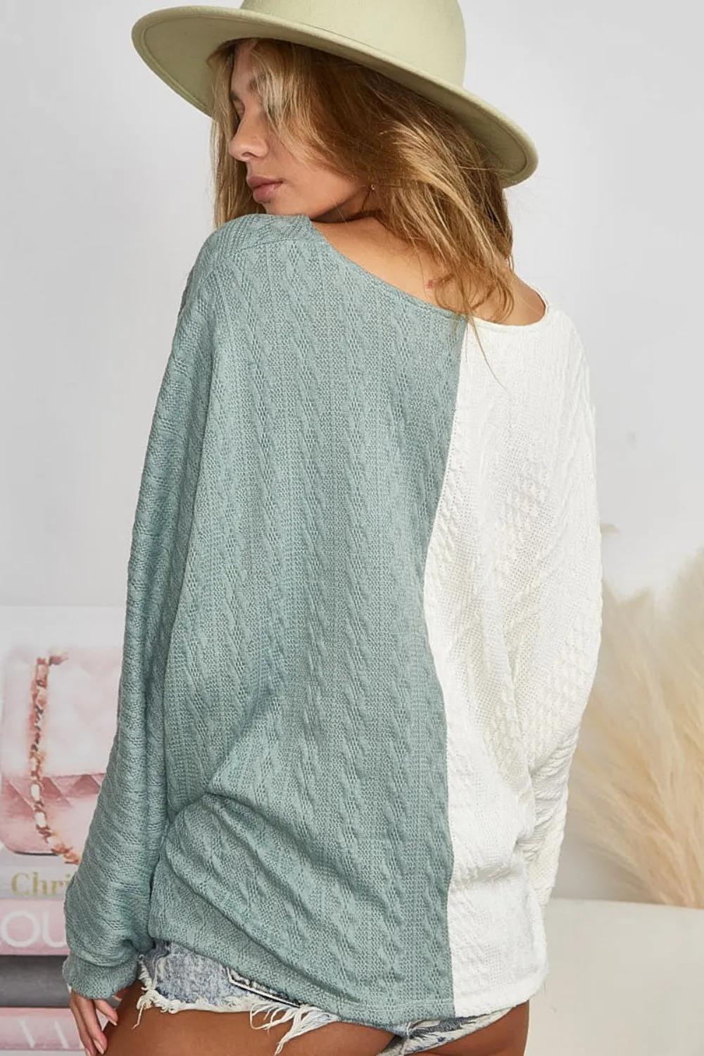 Twist Front Contrast Cable Knit Top, image 2