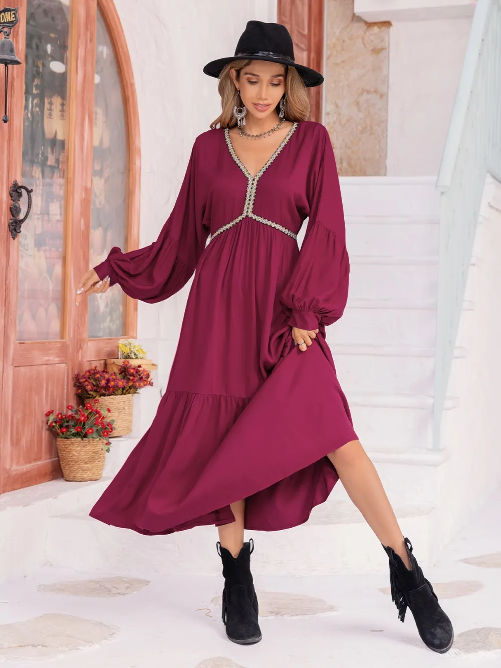 V-Neck Lantern Sleeve Ruffle Hem Dress, image 6