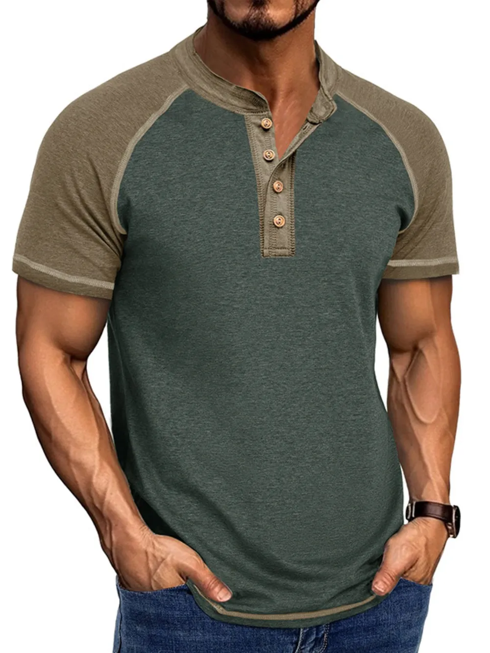 Men's Raglan Henley Color Block T-Shirt, image 2
