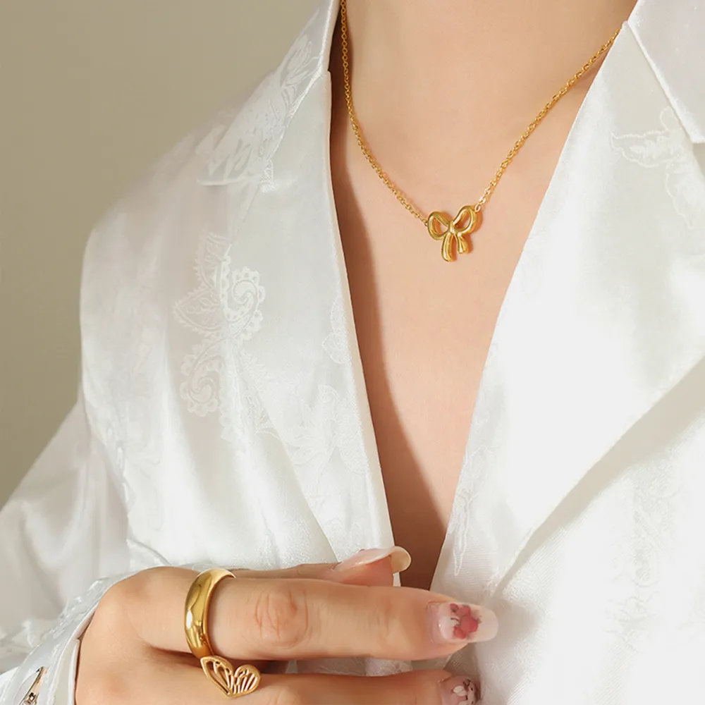 Gold-Plated Titanium Steel Bow Pendant Necklace, image 2