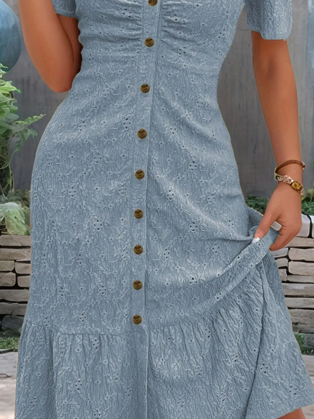 Eyelet Button Front V-Neck Midi Dress, image 7