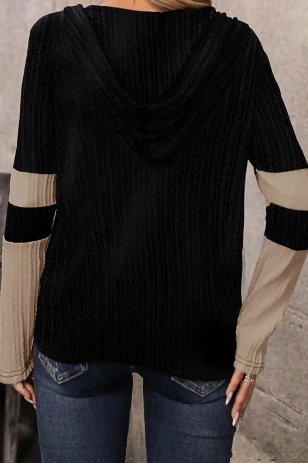Drawstring Quarter Zip Contrast Long Sleeve Hoodie, image 4