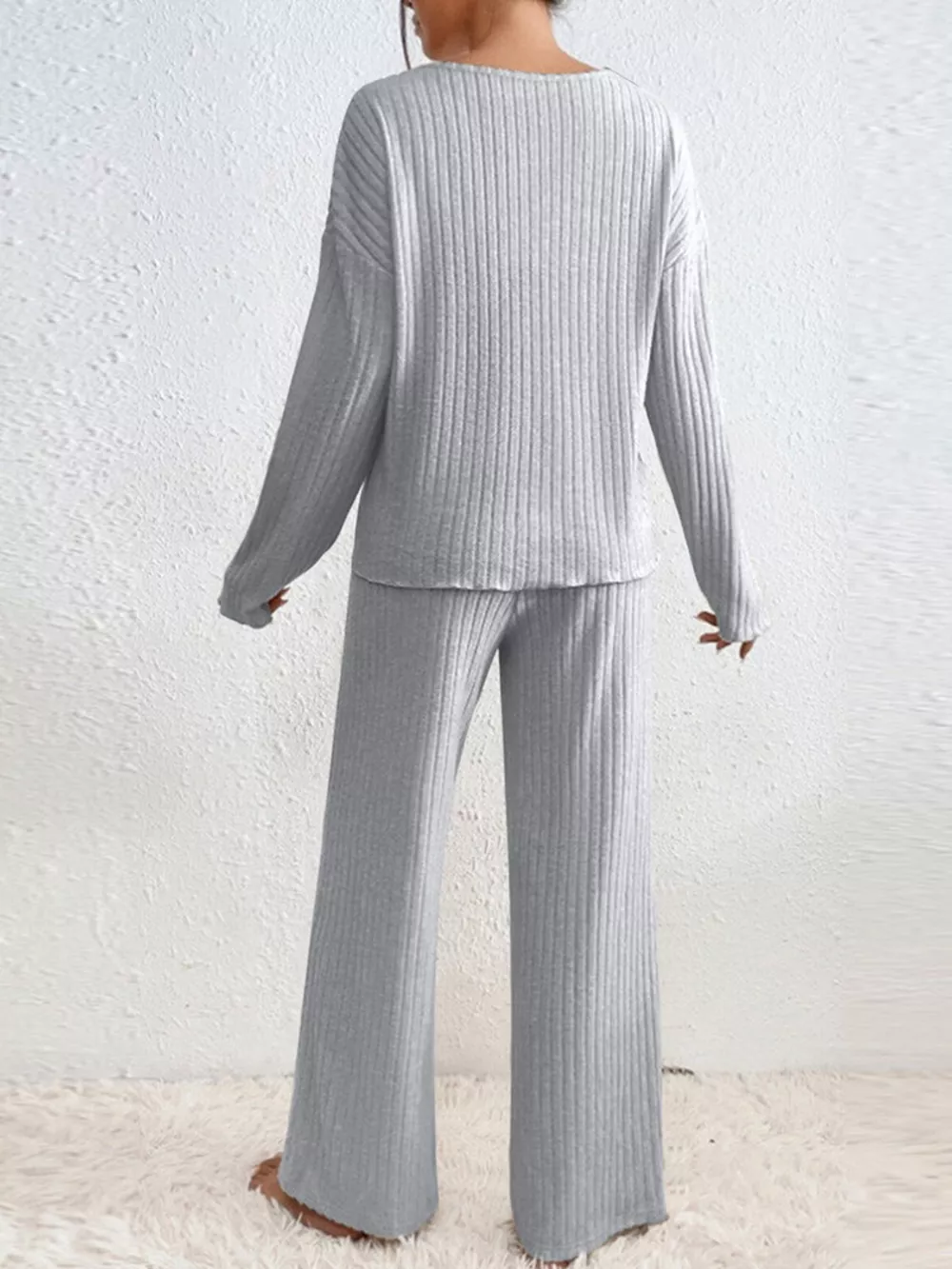 Ribbed Knit V-Neck Top and Pants Set, image 14