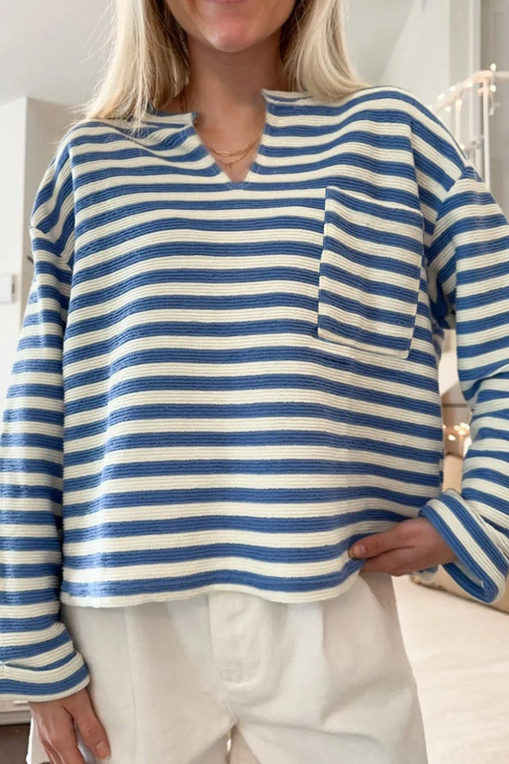Stripe Chest Pocket Notched Top, image 5
