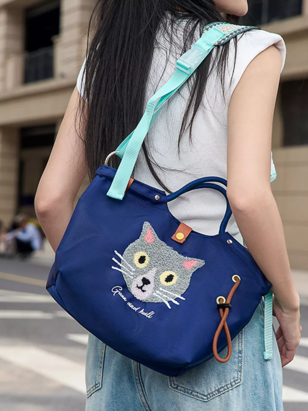 Embroidered Cat Tote Bag with Adjustable Shoulder Strap, image 2