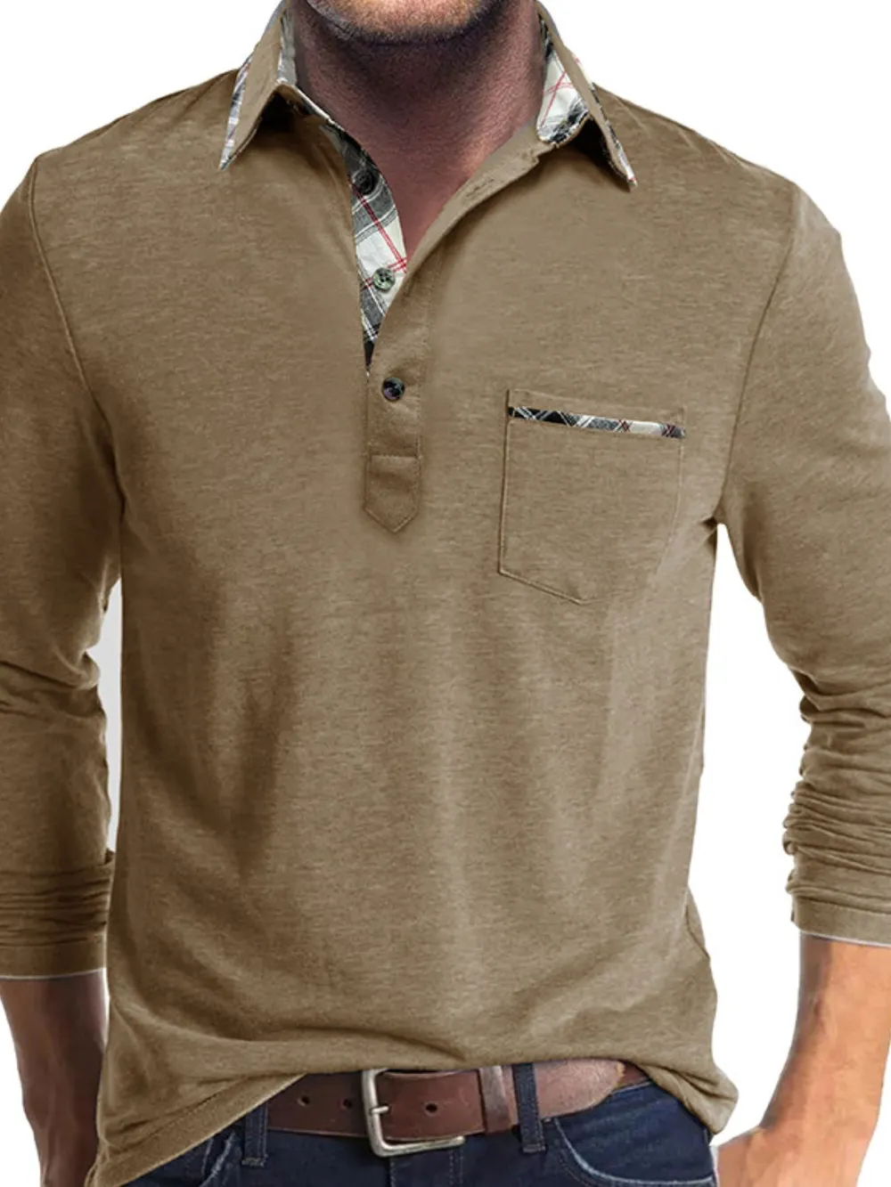 Men's Full Size Plaid Collar Neck Long Sleeve Polo Shirt Plus Size, image 2