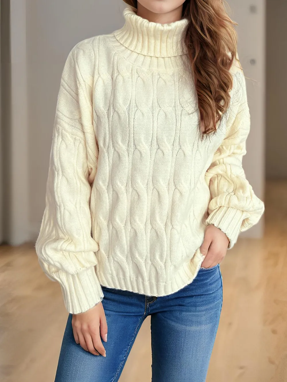 Cable-Knit Turtleneck Long Sleeve Sweater, image 20