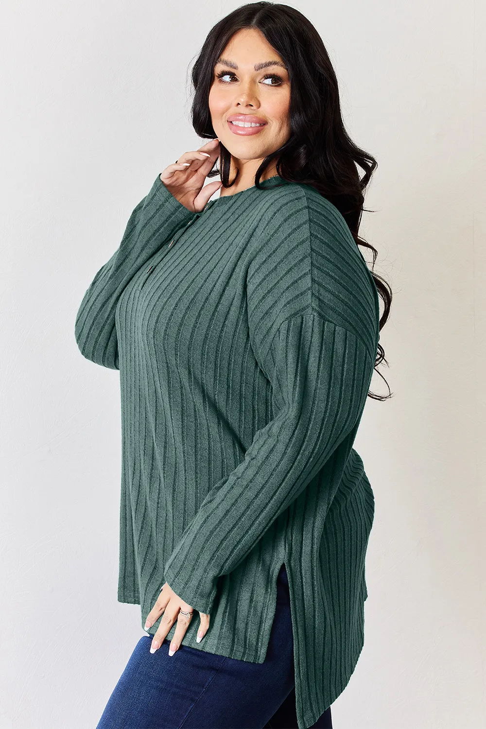 Full Size Ribbed Half Button Long Sleeve High-Low T-Shirt, image 17