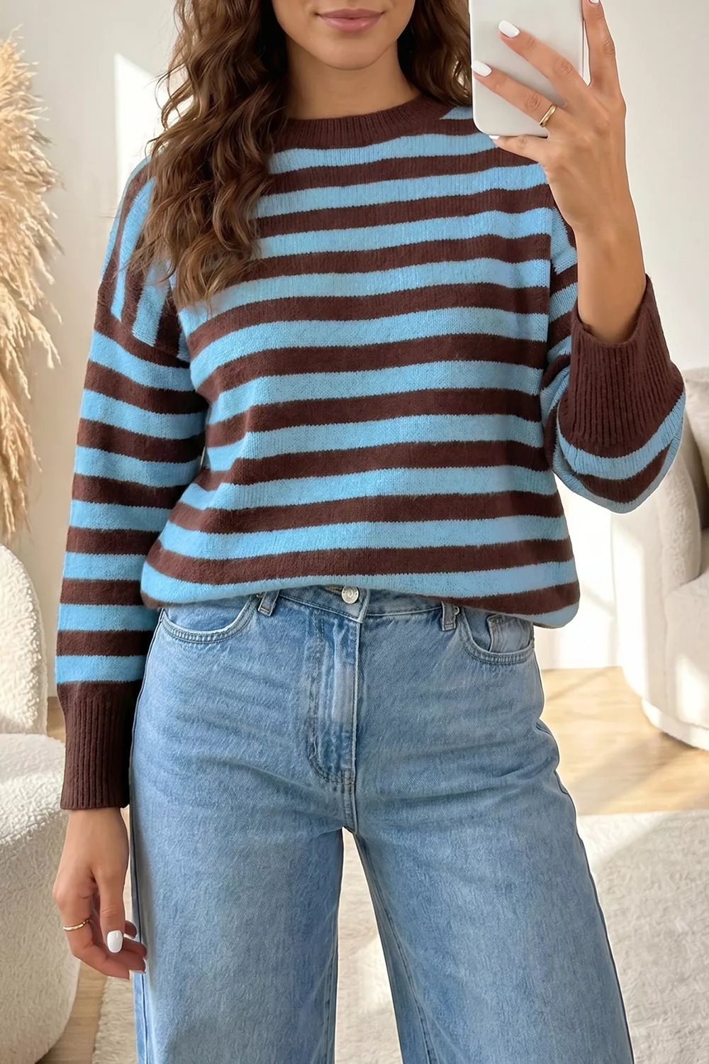 Stripe Color Block Loose Crew Neck Cuffed Sweater, image 4