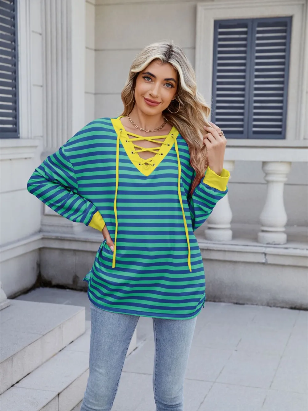 Lace-Up Striped Long Sleeve T-Shirt, image 14