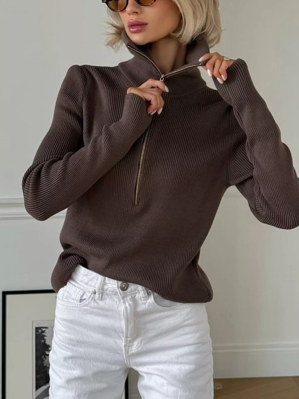 Ribbed Knit Quarter-Zip Sweater, image 2