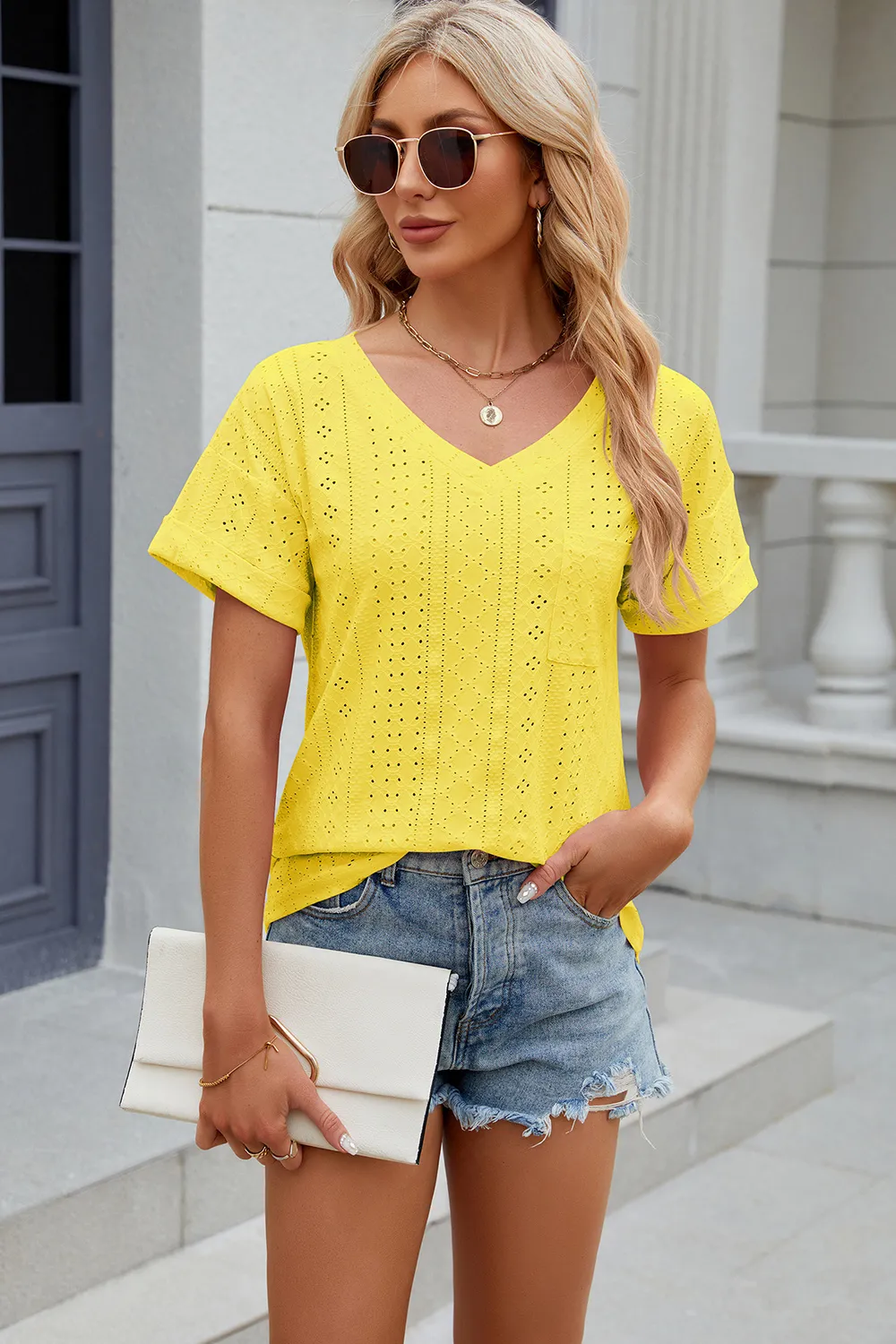 Eyelet V-Neck Short Sleeve T-Shirt, image 9
