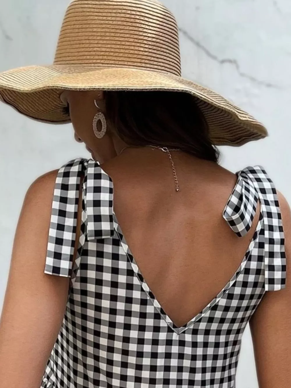 Gingham Tie-Shoulder Tiered Mini Dress, image 3