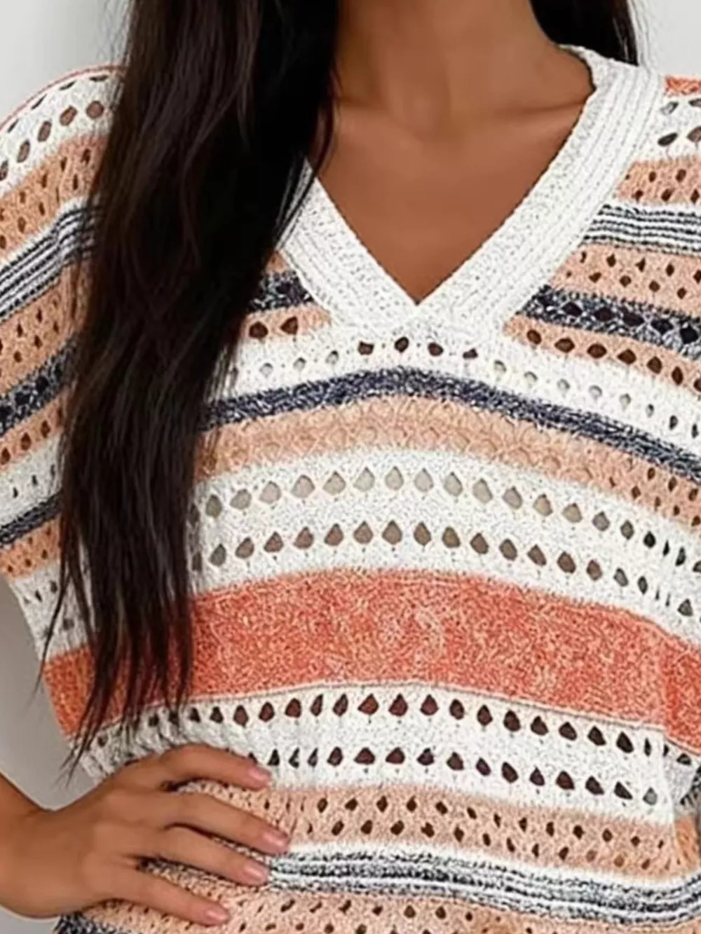 Chic Striped Crochet Knit Top, image 8