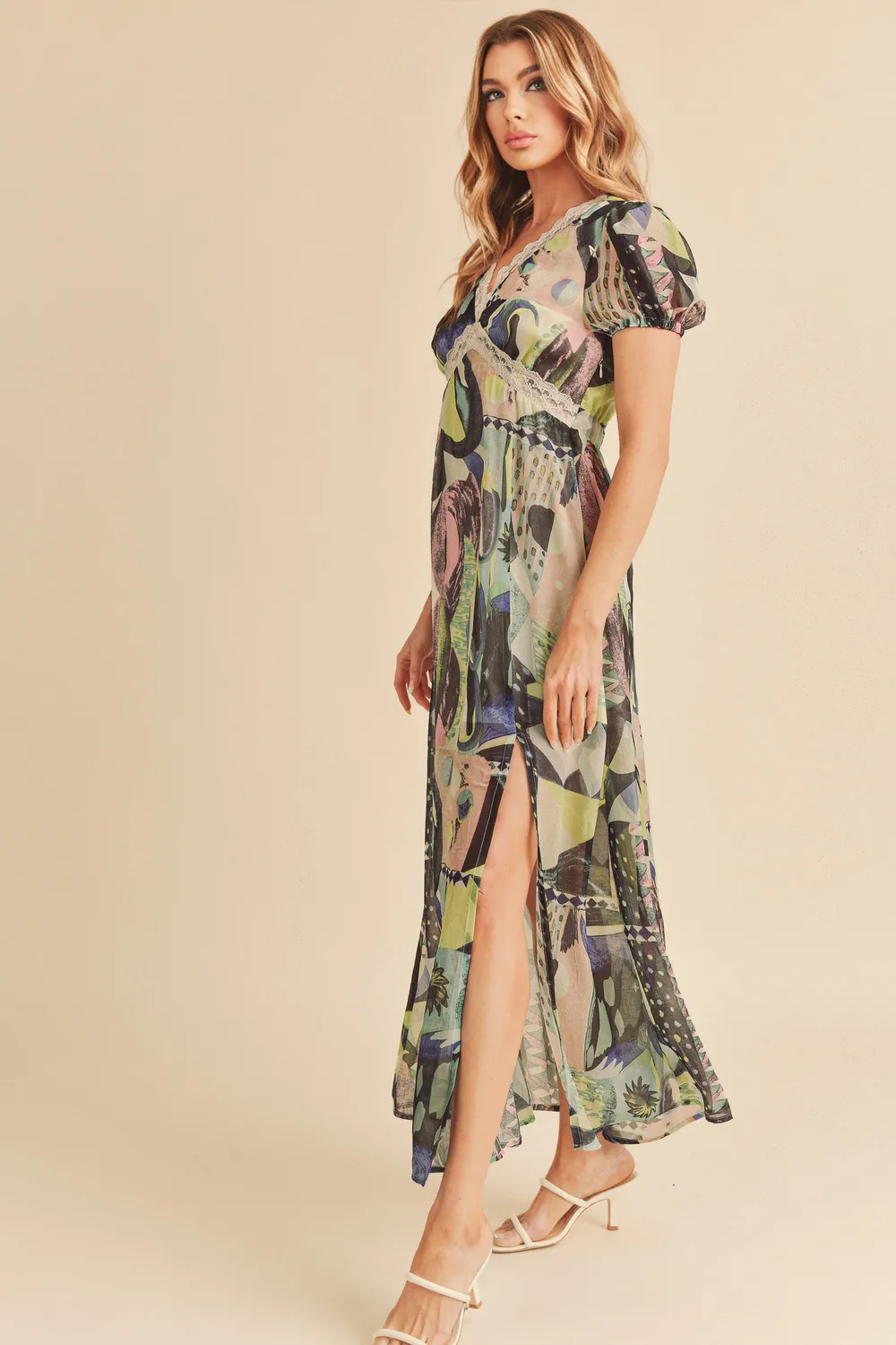 Lace Detail Slit Geometric Print Short Sleeve Maxi Dress, image 5