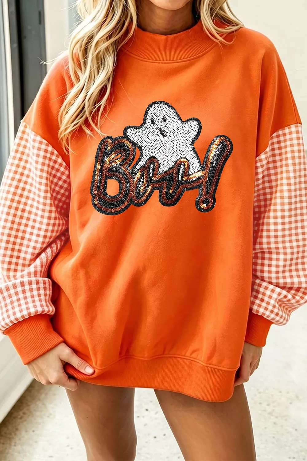 Boo Sequin Ghost Plaid Patchwork Sleeve Halloween Sweatshirt