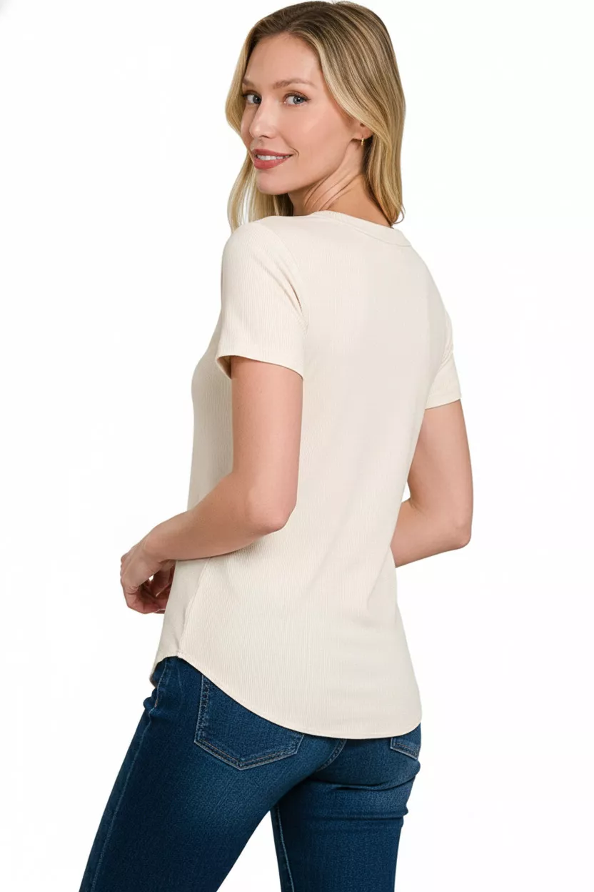Ribbed Curved Hem Round-Neck Tee, image 2