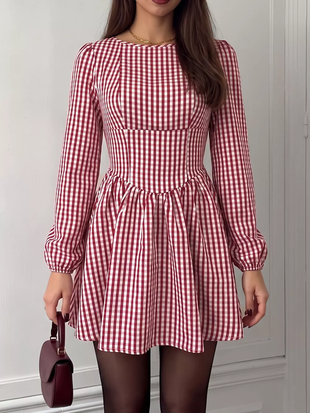Backless Plaid Long Sleeve Dress, image 5