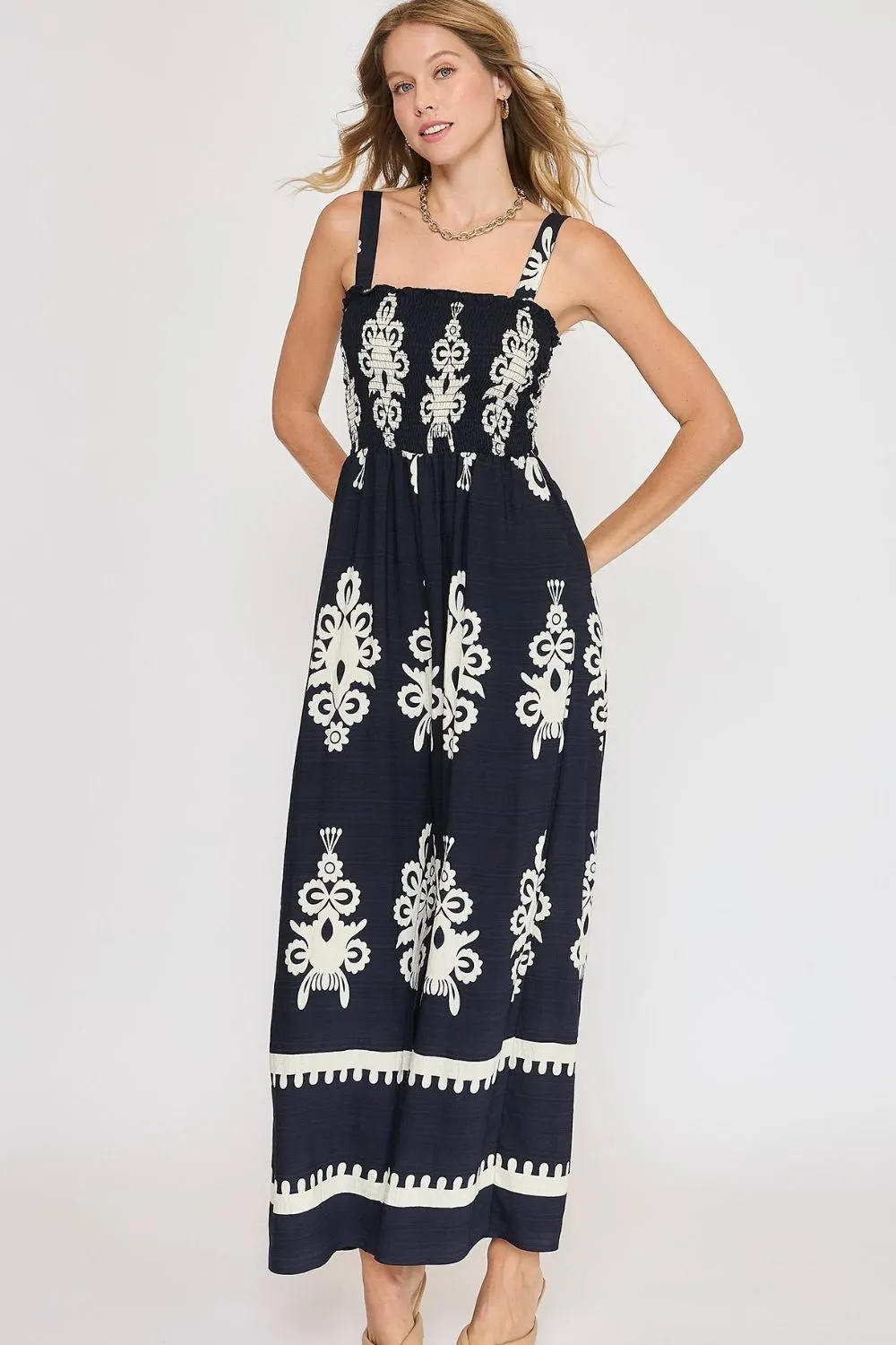 Full Size Smocked Printed Wide Leg Jumpsuit Plus Size