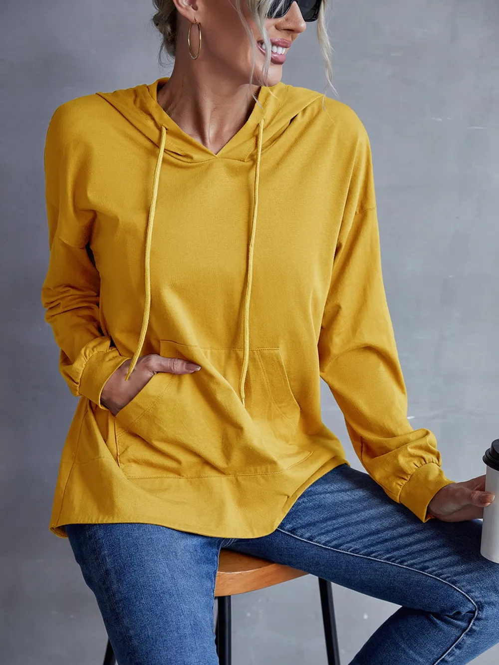 Drawstring Pocketed Dropped Shoulder Hoodie, image 6