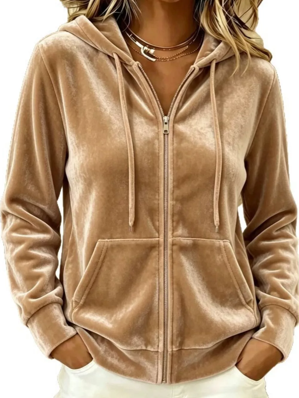 Full Size Velvet Zip-Up Outerwear with Drawstring Plus Size, image 16
