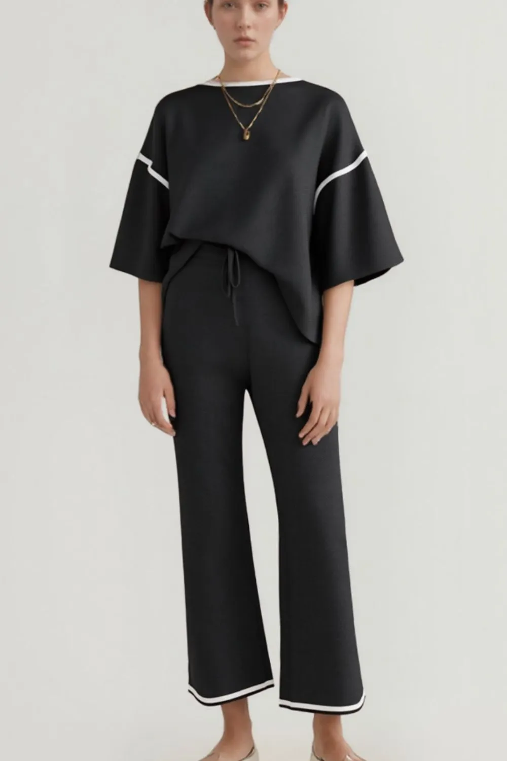 Contrast Trim Round Neck Top and Pants Set, image 10