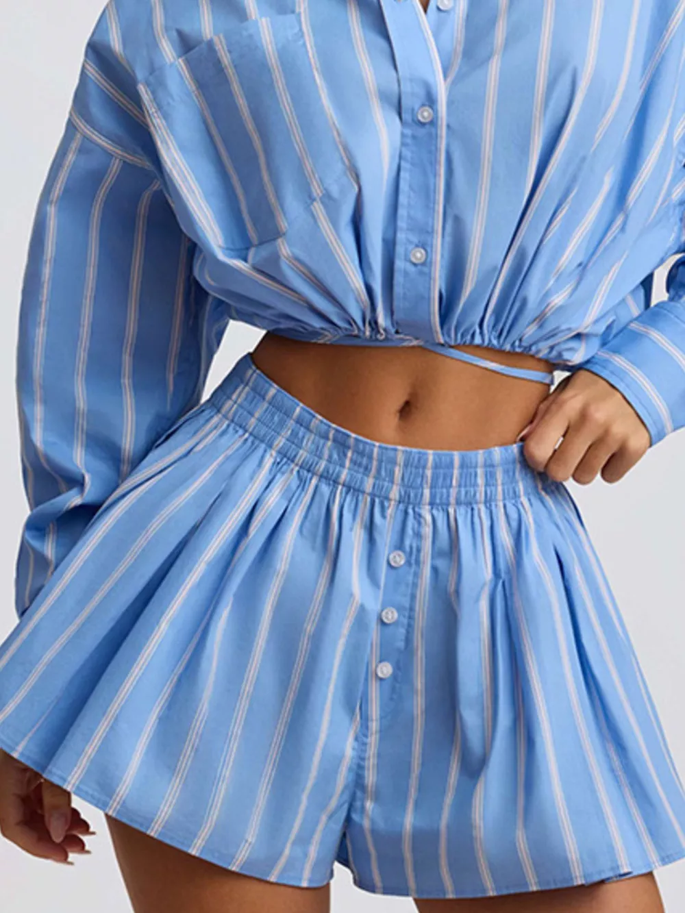Striped Button Up Shirt and Shorts Set, image 14