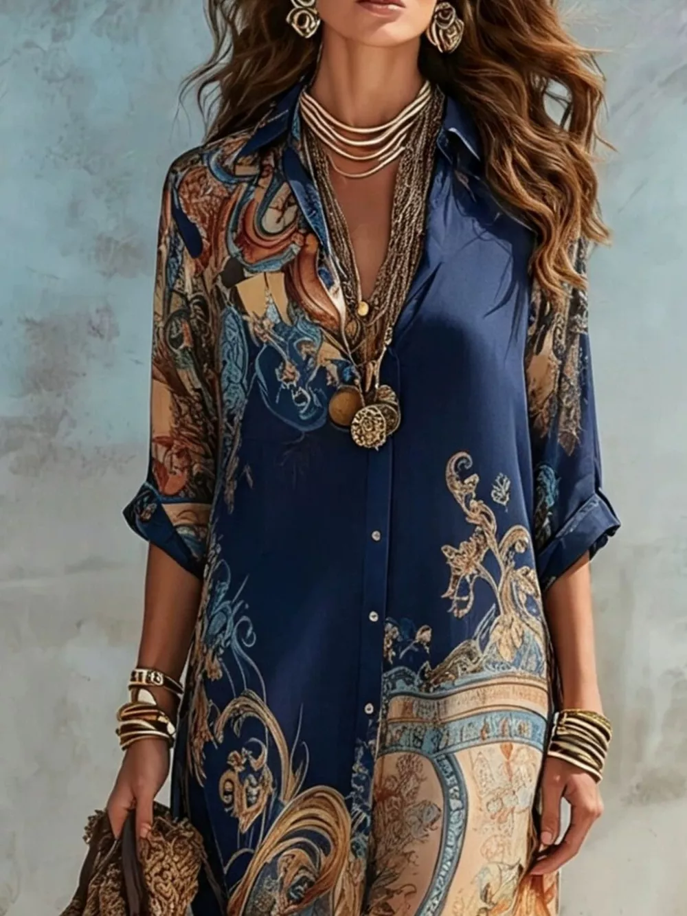 Full Size Printed Button-Down Maxi Shirt Dress Plus Size, image 9
